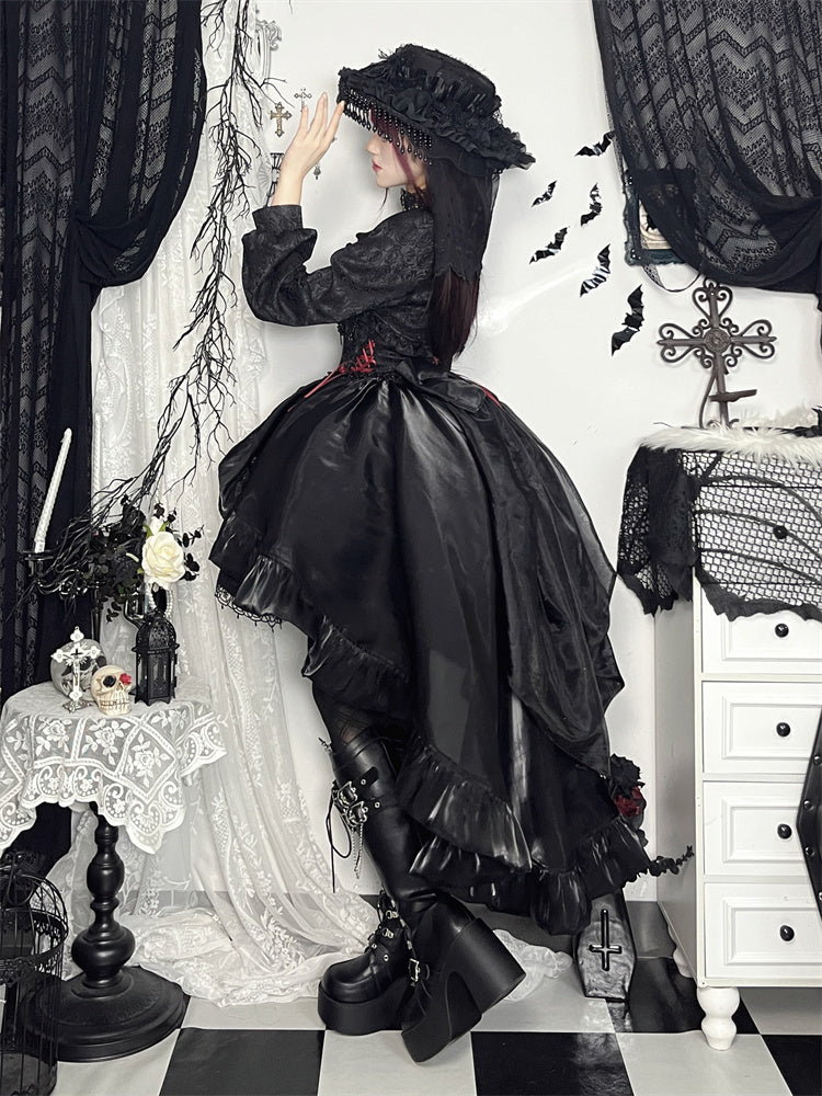 Gothic Black Rose Open Placket Lace Top