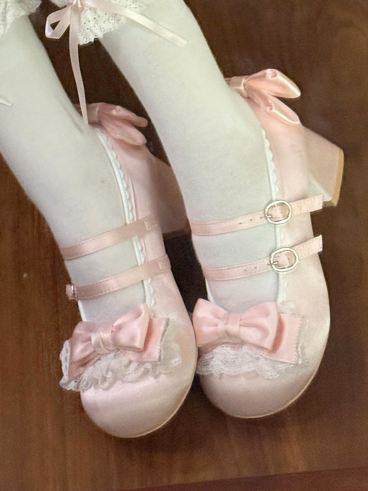 - Mid-heel Edging Lace Janes Mary Lolita Ruffled Sweet Pink