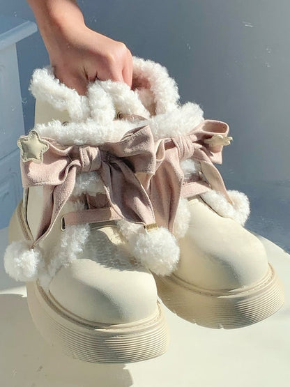 Furry Sole - 5.5cm with Star Winter Decor Boots Bow for Pink Accents Apricot Ankle Interior Lolita Sweet