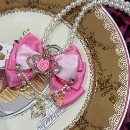 Rhinestone Beaded Heart Black/Pink Crown And Pendant Necklace Bowknot Decorated