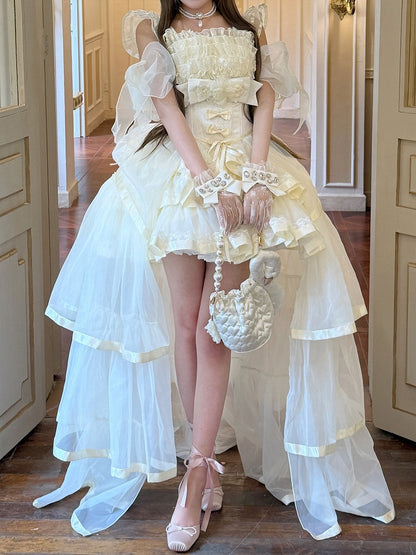 Beige Elegant Lolita Jumper Dress with Train and Arm Sleeves - Diamond Honey