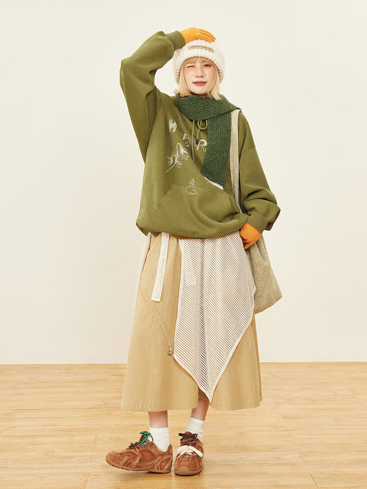 Sweat-shirt mignon à capuche avec poche avant - Imprimé à capuche vintage vert à cordon de serrage et poche kangourou