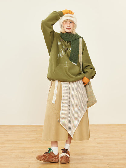 Sweat-shirt mignon à capuche avec poche avant - Imprimé à capuche vintage vert à cordon de serrage et poche kangourou