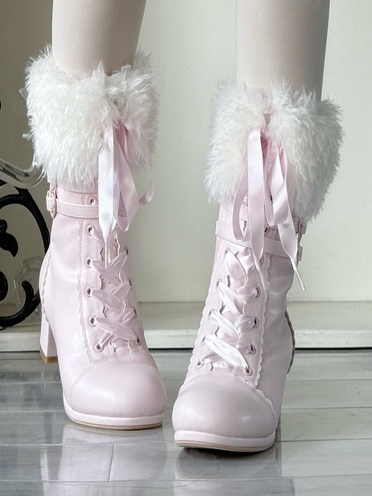 PU Bow Opening with Lolita System Sakura Ornate Boots Plush Pink Triple Boot in Mid-heel Fastening Elegant