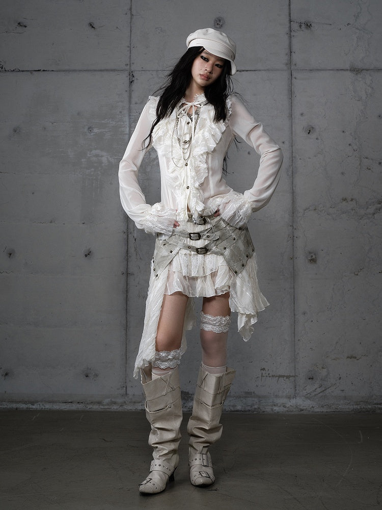 Vintage Flounce Tiered Princess Detail Beige Blouse Tie-Neck with Lace