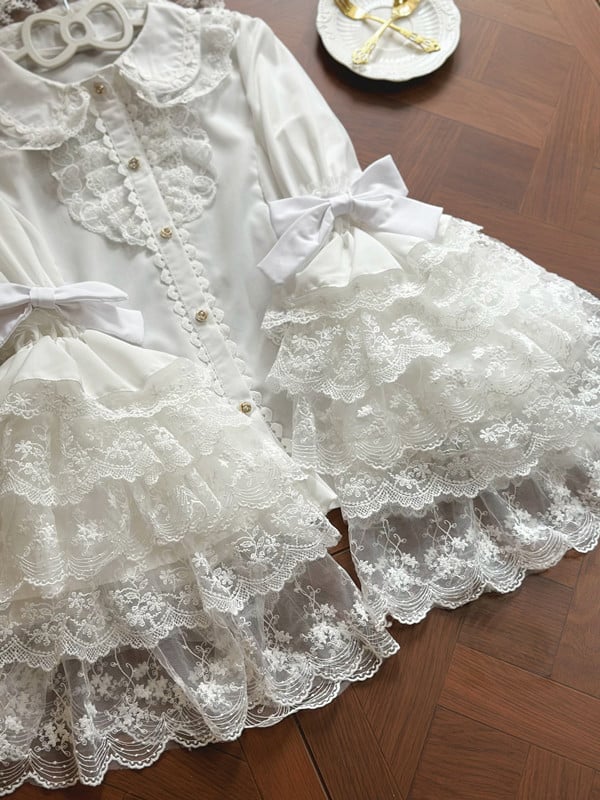 レースベルシャツ ロングティアード ピーターパンスリーブ ホワイトカラー