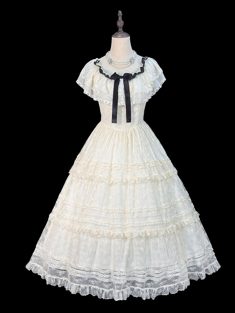 Elegant Classic Beige & Black Lolita Long JSK Gown with Butterfly Bow and Layered Skirt - Miss Cube Dressworks