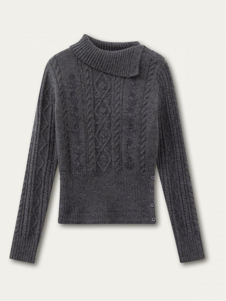 Neck Mock Knit Gray Elegant Cable Sweater Vintage