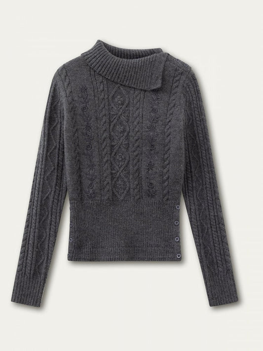Neck Mock Knit Gray Elegant Cable Sweater Vintage