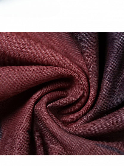 ワイン色のカスケーディングレッドのフリル裾のダイタイキャミデザイントップス、アシンメトリーなアクセント