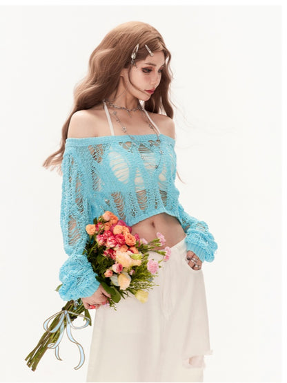 Mintblauer Ausschnitt, schulterfrei, Sommer-Strick-Überwurf, Löcher