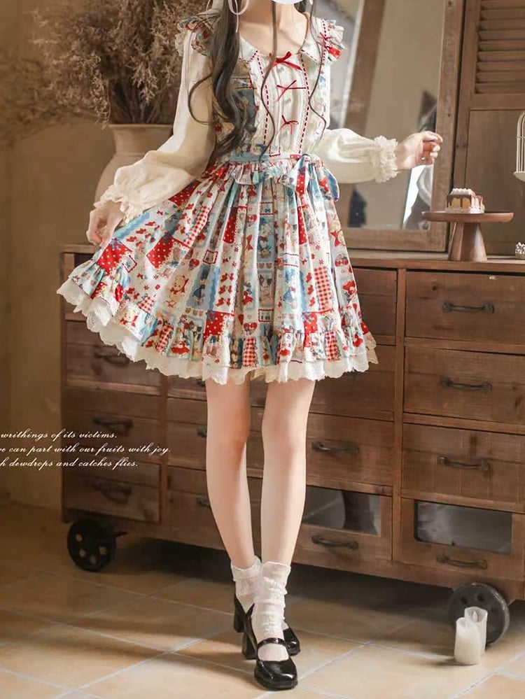 Red with Style Patchwork Long Lolita Blue Showa Dress: Sleeve Belt Sweet Waist Retro