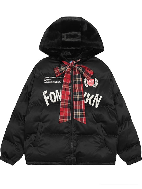 Schwarze/weiße Jacke mit Buchstaben-Print und selbstbindender Schleife und Kapuze