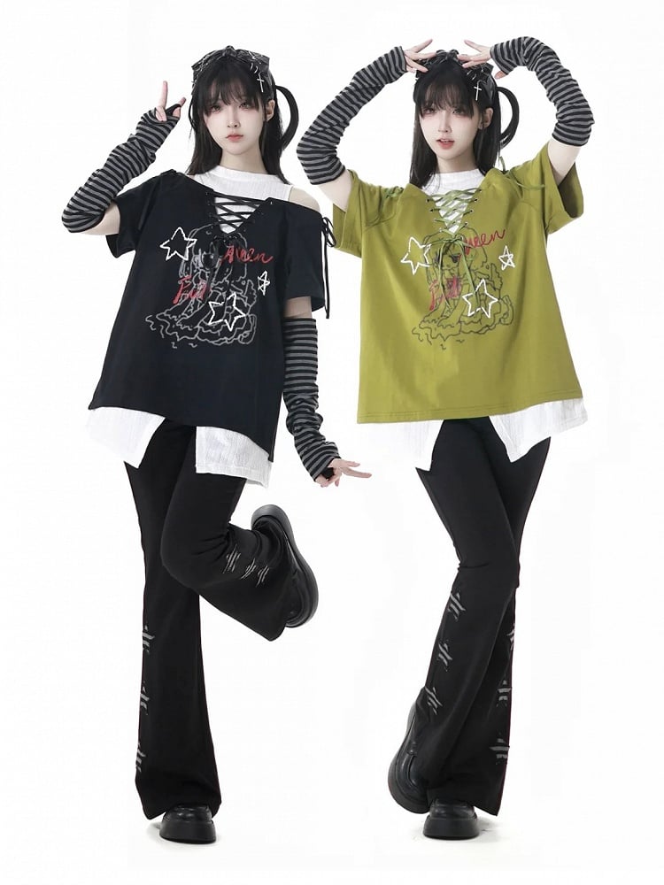 Schwarze Schlaghose mit Stern-Applikationen