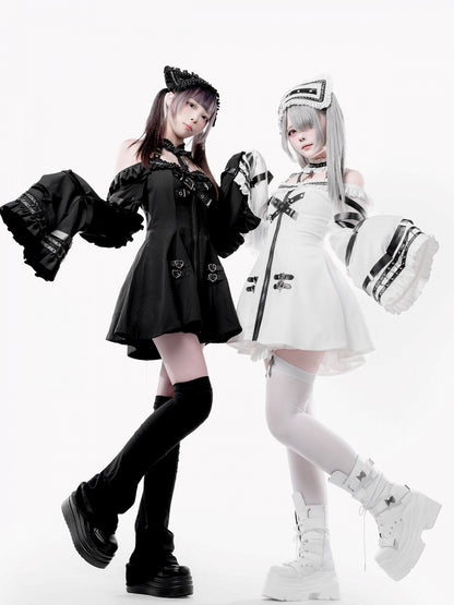 White Halter Flare Long-Sleeve Dress with Leather Straps & Shorts Set - Bunny Rush