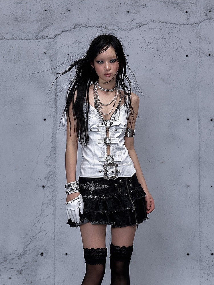 White Rock Studded with Straps Cami Accents Buckle Punk Top