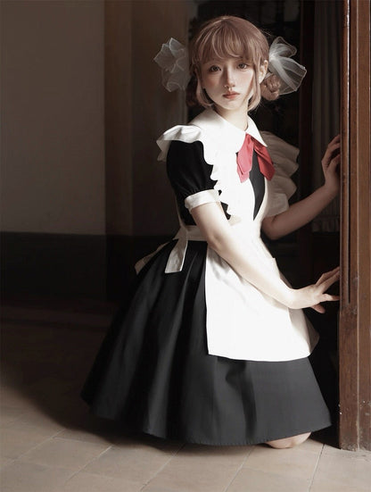 Black Collar Sleeves with Dress Lolita Red Short White Bow Pleated Tie and Maid