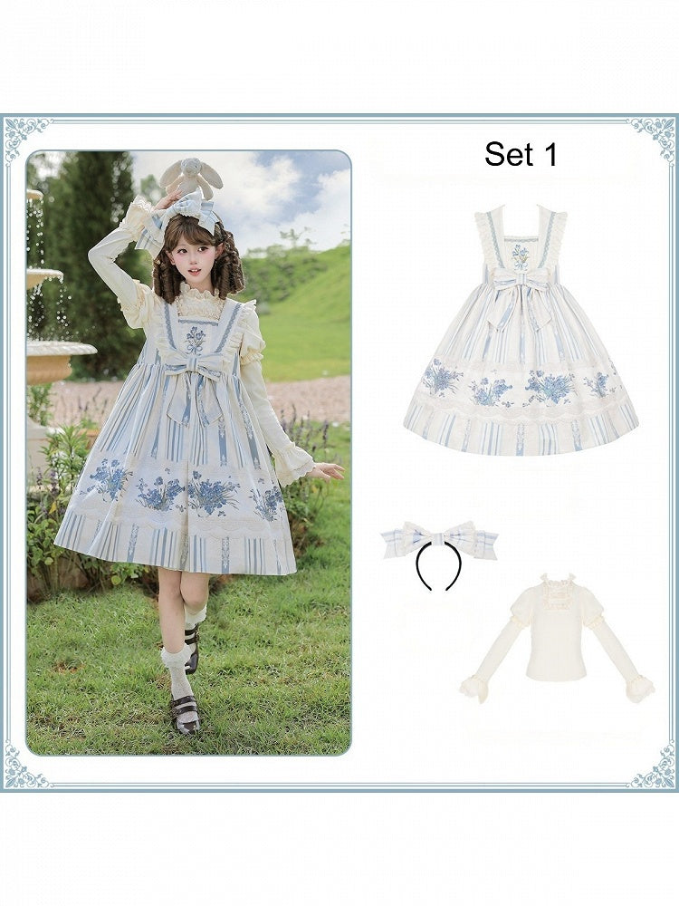 Blue & White Striped Floral Embroidered JSK Set with Knit Top, Belt & KC - With PUJI
