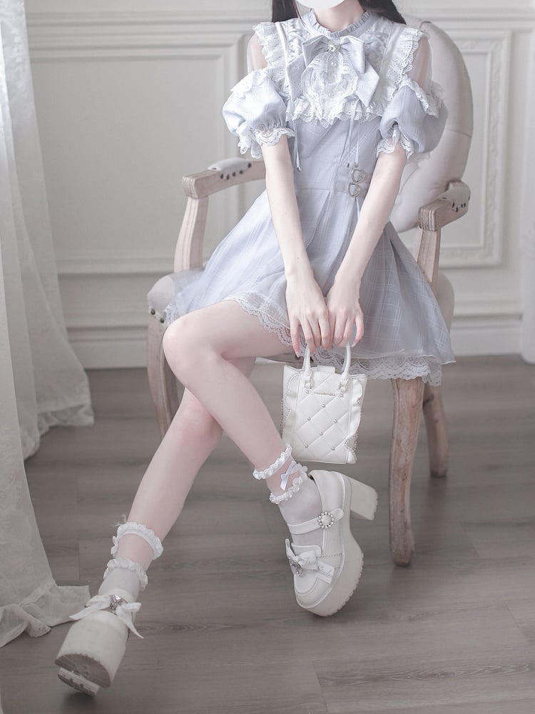 Shoulder Cutout Dress Dusty Blue Jirai Kei Plaid with