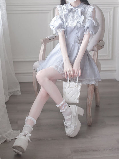 Shoulder Cutout Dress Dusty Blue Jirai Kei Plaid with