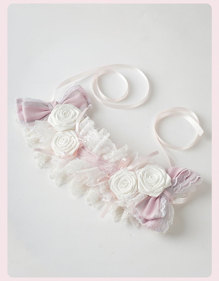 Lolita Pink Floral and Bow Ruffled Lace Trim Hairband