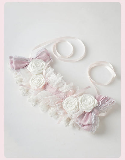Lolita Pink Floral and Bow Ruffled Lace Trim Hairband