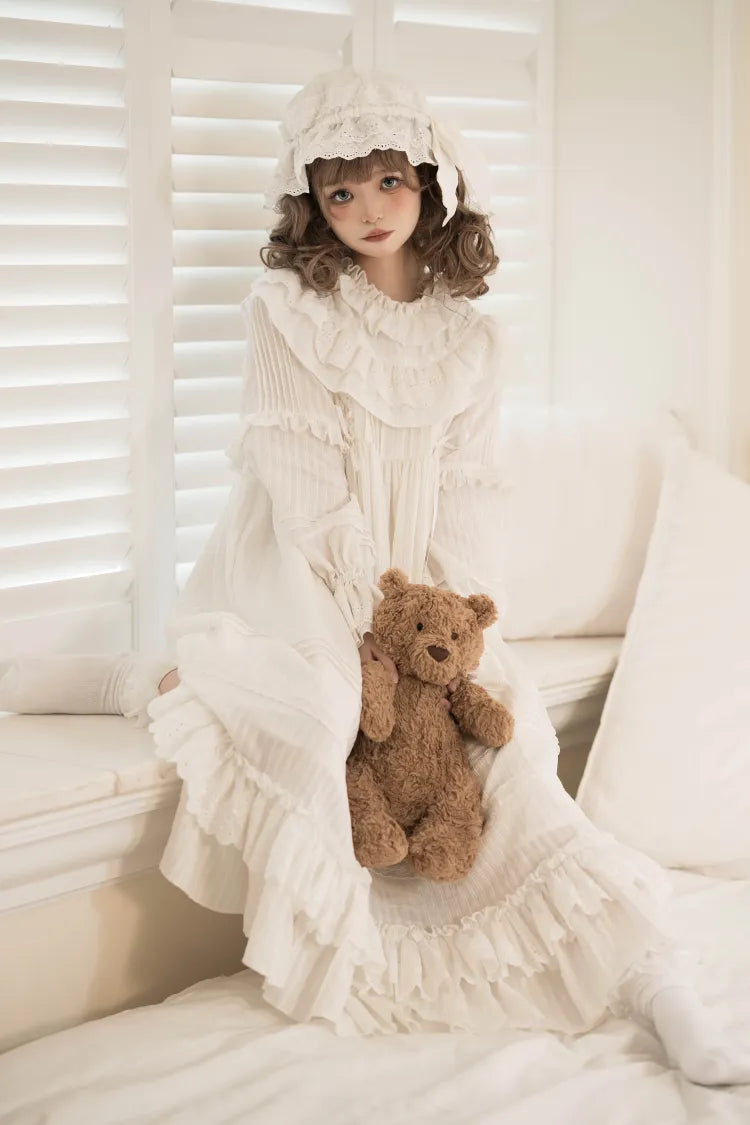 Neck All Ruffled Sleeves Long White Shiro Lolita Layered Ruffle Hemline Dress