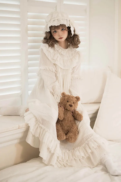 Neck All Ruffled Sleeves Long White Shiro Lolita Layered Ruffle Hemline Dress