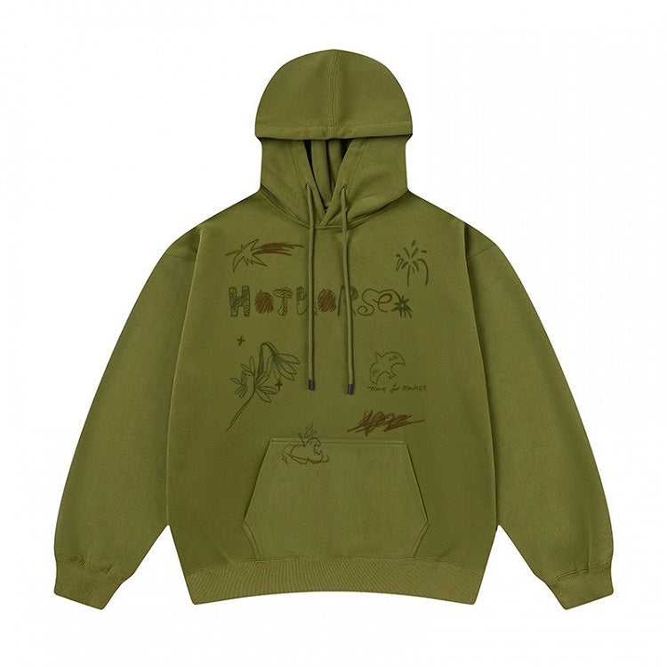 Sweat-shirt mignon à capuche avec poche avant - Imprimé à capuche vintage vert à cordon de serrage et poche kangourou