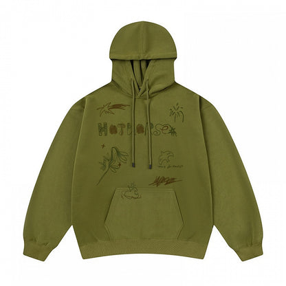 Sweat-shirt mignon à capuche avec poche avant - Imprimé à capuche vintage vert à cordon de serrage et poche kangourou
