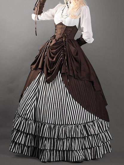 Black and White Striped Tiered Hemlline Steampunk Lolita Skirt