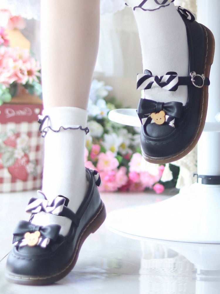- with Flats Striped 2cm Black Leather Sweet Details PU Decor Bear and Bow Heel