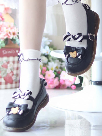 - with Flats Striped 2cm Black Leather Sweet Details PU Decor Bear and Bow Heel