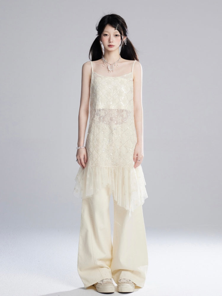 Aprikosenfarbene, bodenlange Hose mit weitem Bein und niedriger Taille