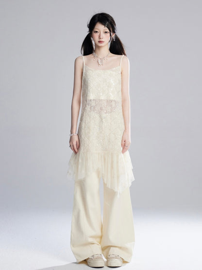 Aprikosenfarbene, bodenlange Hose mit weitem Bein und niedriger Taille