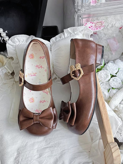 - Mary Brown Fastener Leather Top Bow PU Sweet Low-heel Janes Lolita Bunny with