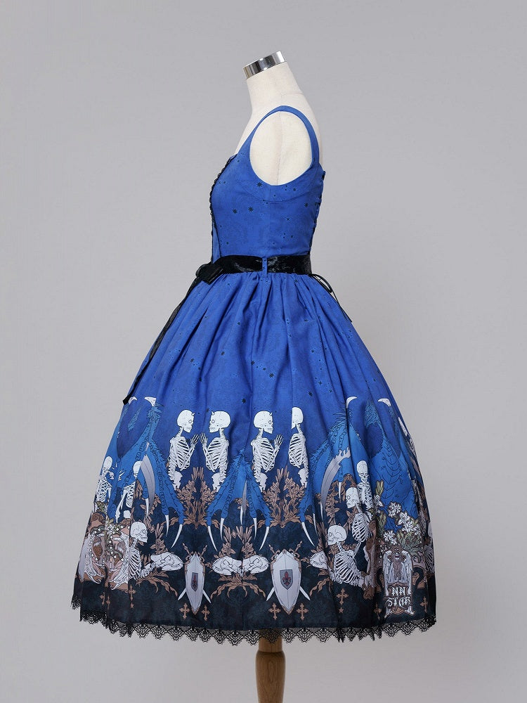 Blue Square Neck Skeleton Cross Gothic JSK Dress - NnSTAR