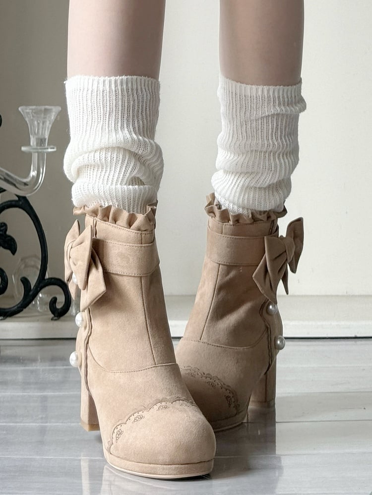 Beads Sophisticated Boots Lolita Mid-heel Khaki Details with