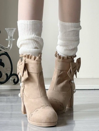 Beads Sophisticated Boots Lolita Mid-heel Khaki Details with