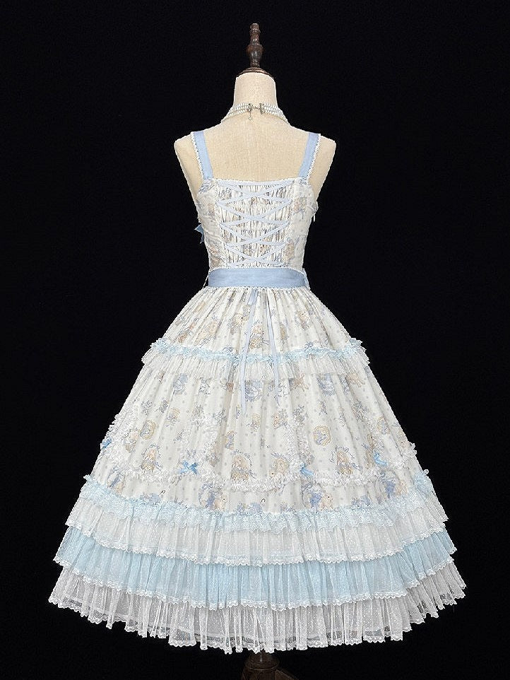 Blue Flower & Lamb Print Embroidered Neckline Lolita JSK Dress - Miss Point