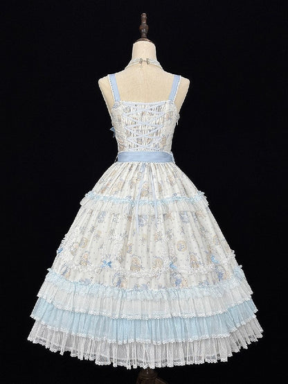 Blue Flower & Lamb Print Embroidered Neckline Lolita JSK Dress - Miss Point