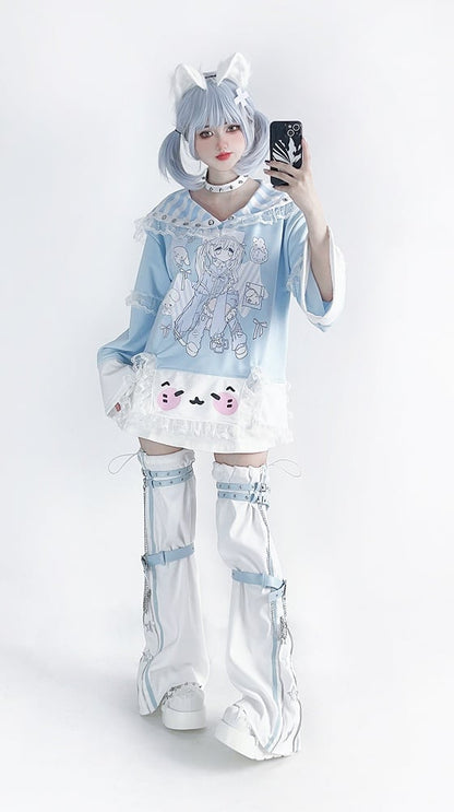 Kaiwai – Overknee-Beinwärmer mit Stern-Applikationen in Weiß und Hellblau