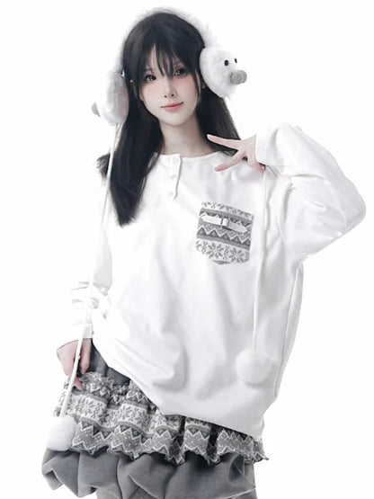 Sleeve Patterned with Isle White Long Fair Patch Pocket Top