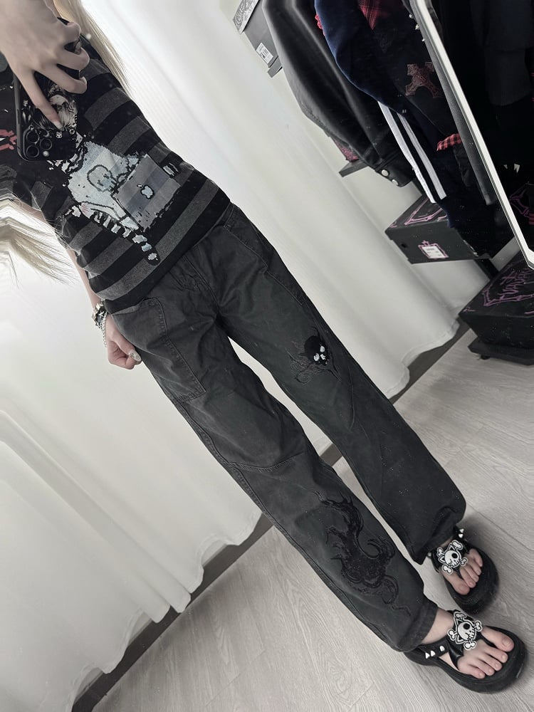 Straight-leg Pants with Skeleton Pattern Y2K Gray