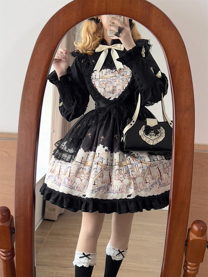 Sweet Print Ruffle White Sheep Angel Lolita with Black Skirt Hem