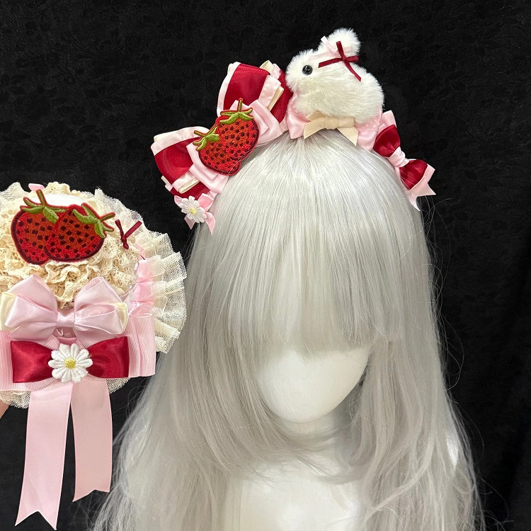 Sweet and Strawberry Lolita Pink Bunny Lace Mini Red KC Style Hat