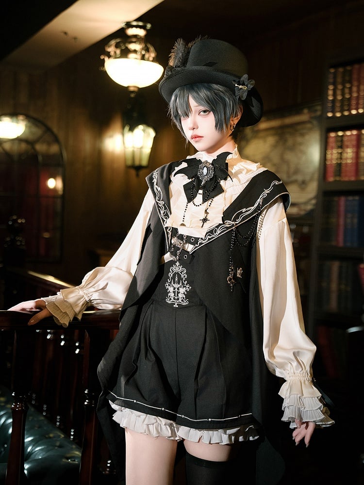 Waist Ouji Overall Black Waistcoat Bunny + Shorts Split-Tail High Lolita Hooded Ear Shirt