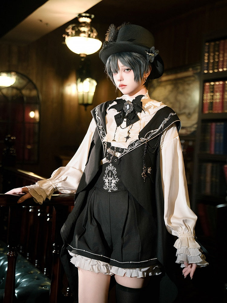 Black Bunny Ear Hooded Outfit Set with Waistcoat & Shorts - Xiong Dou Jiang