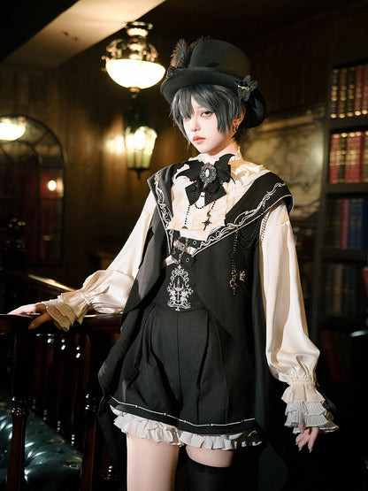 Black Bunny Ear Hooded Outfit Set with Waistcoat & Shorts - Xiong Dou Jiang