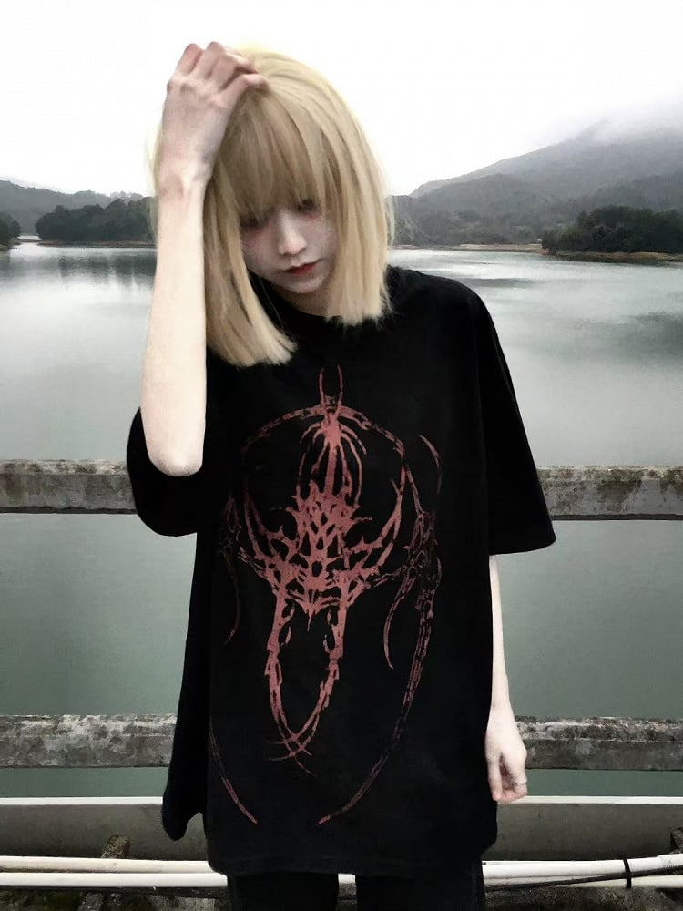 Short Sleeve T-Shirt with Red Tattoo Print - WET BODY